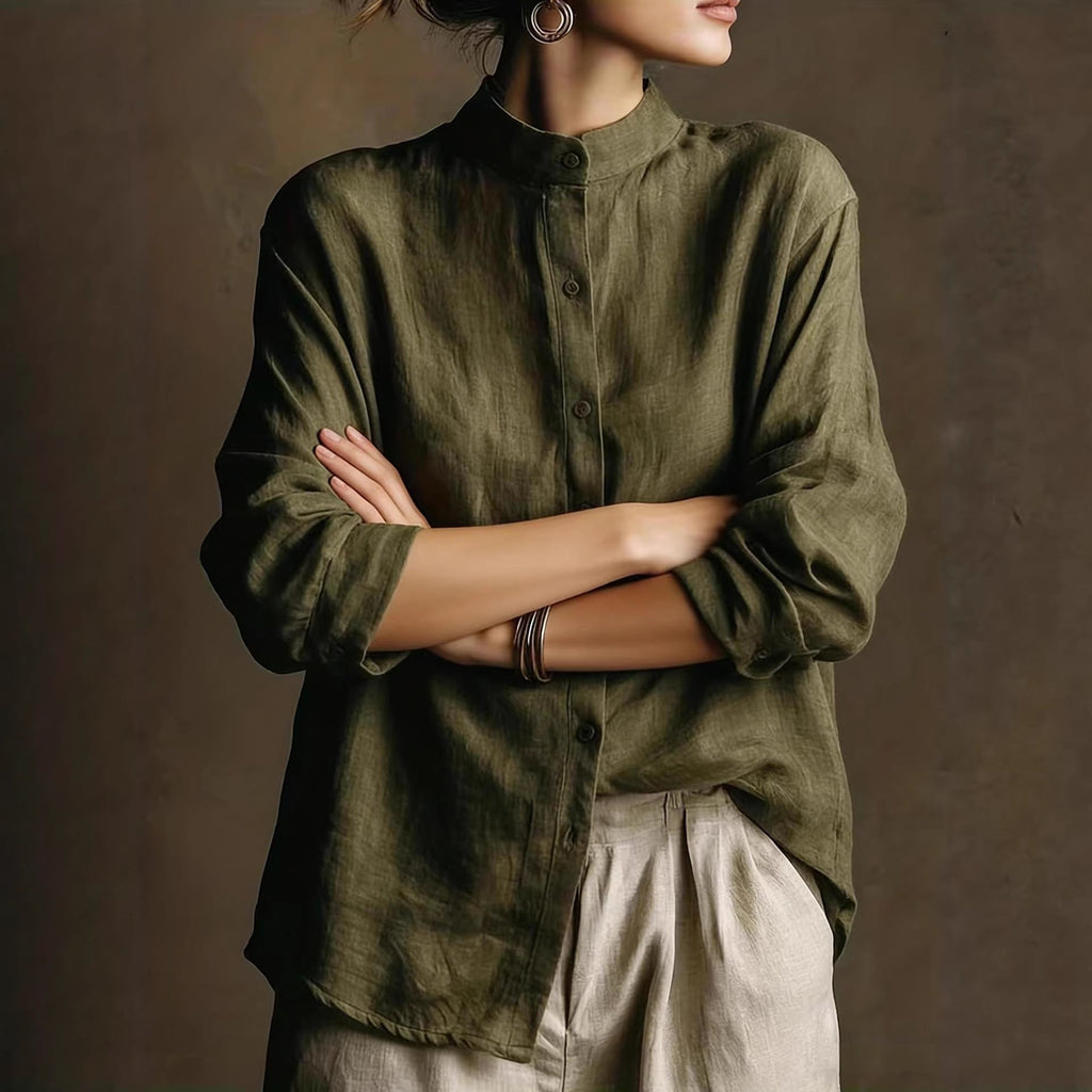 Women's Loose Cotton Linen Long Sleeve Shirt — Flip Collar