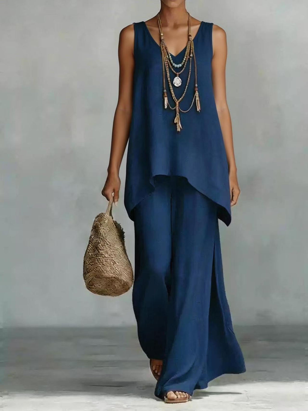 Women's Bohemian Wide-Leg Pants & V-Neck Vest Set – 3D Print