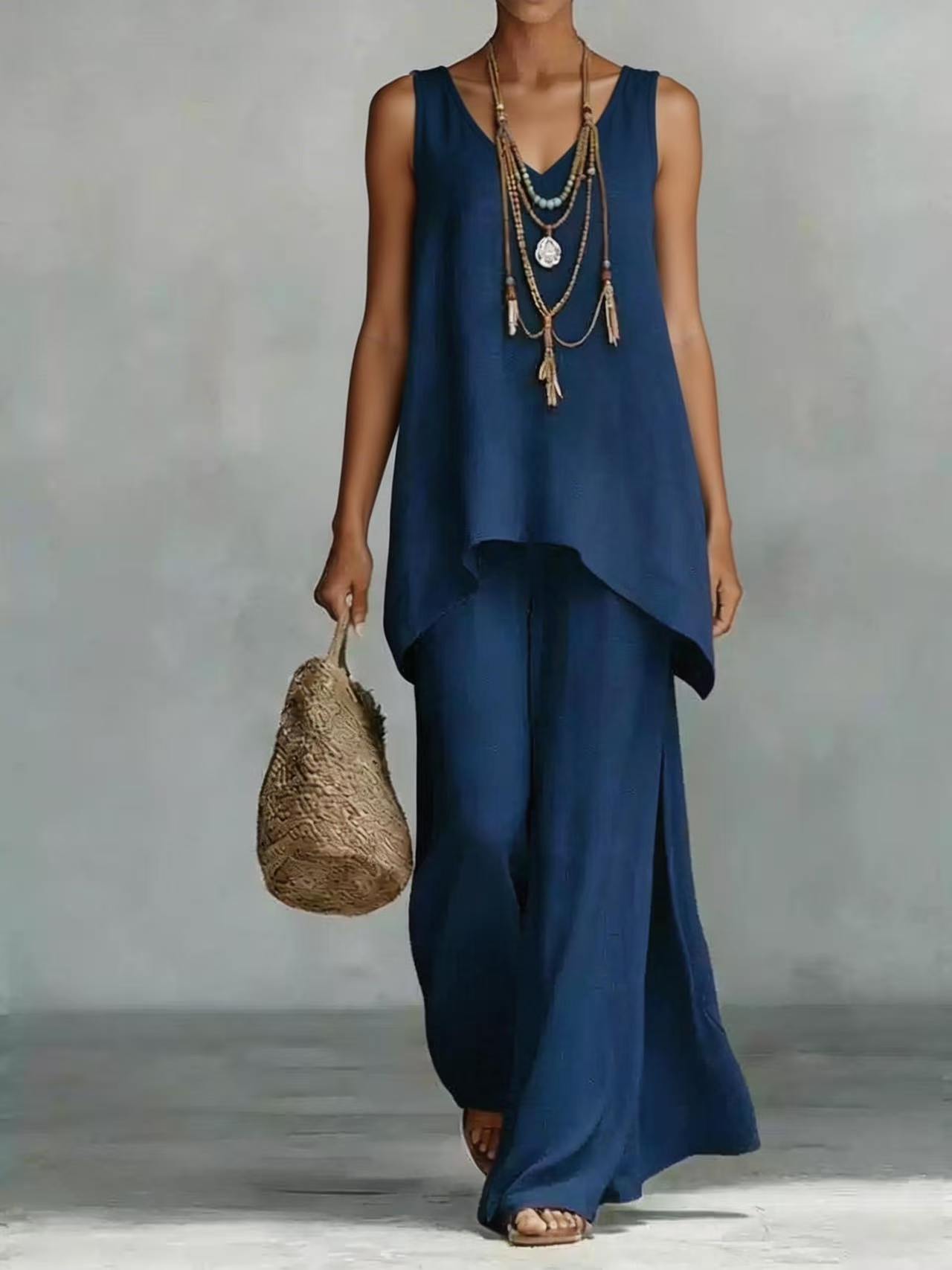 Women's Bohemian Wide-Leg Pants & V-Neck Vest Set – 3D Print