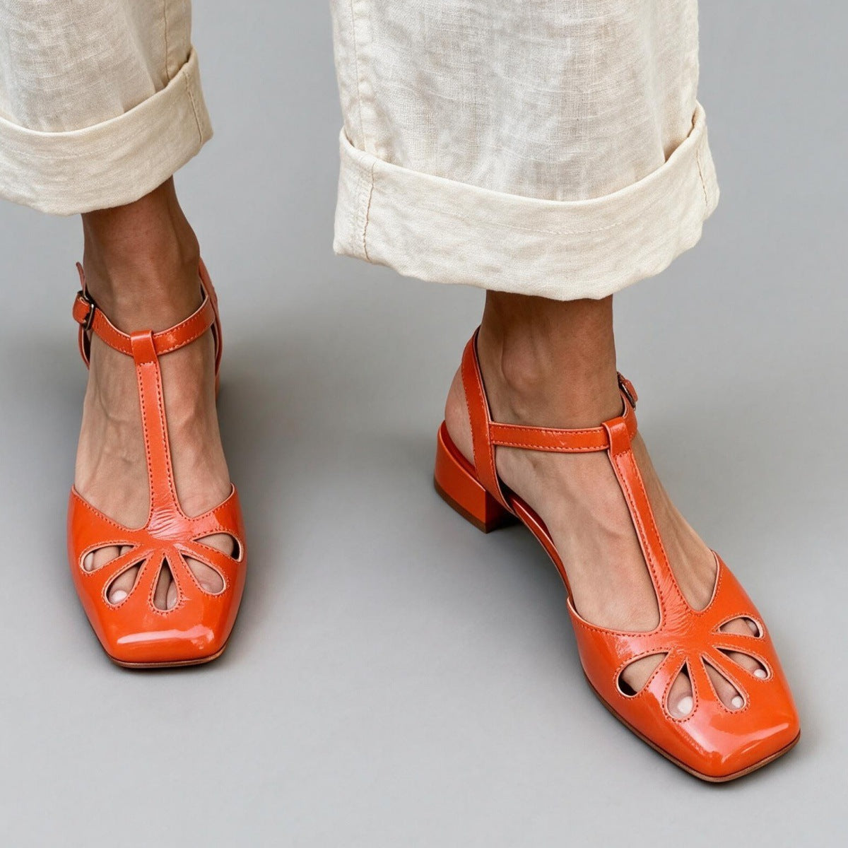 Women's Retro T-Strap Block Heel Sandals – Floral Cut-Out Square Toe