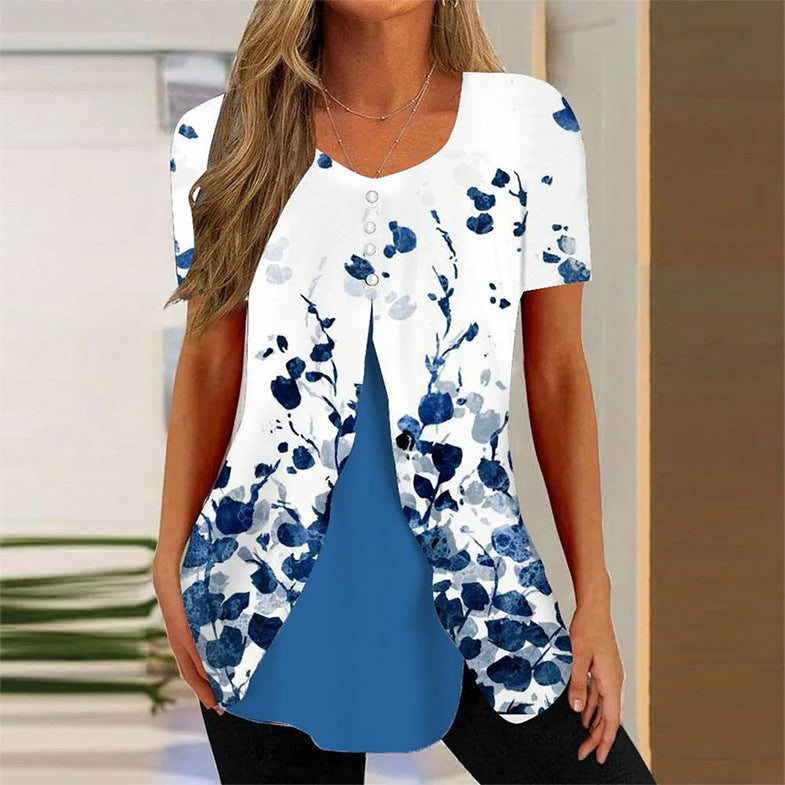 Women’s Printed Faux Two-Piece V-Neck Short Sleeve Top