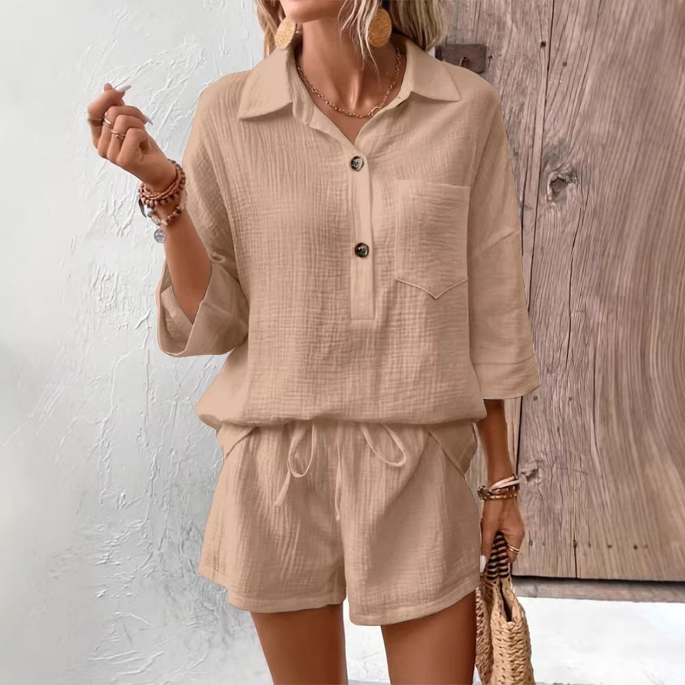 Women's Lapel Collar Double-Panel Shirt & Shorts Two-Piece Set
