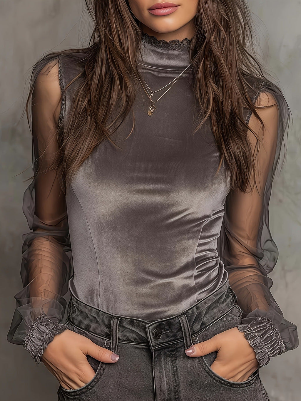 Women's Slim-Fit Lace Panel Mesh Top – Literary Retro Style