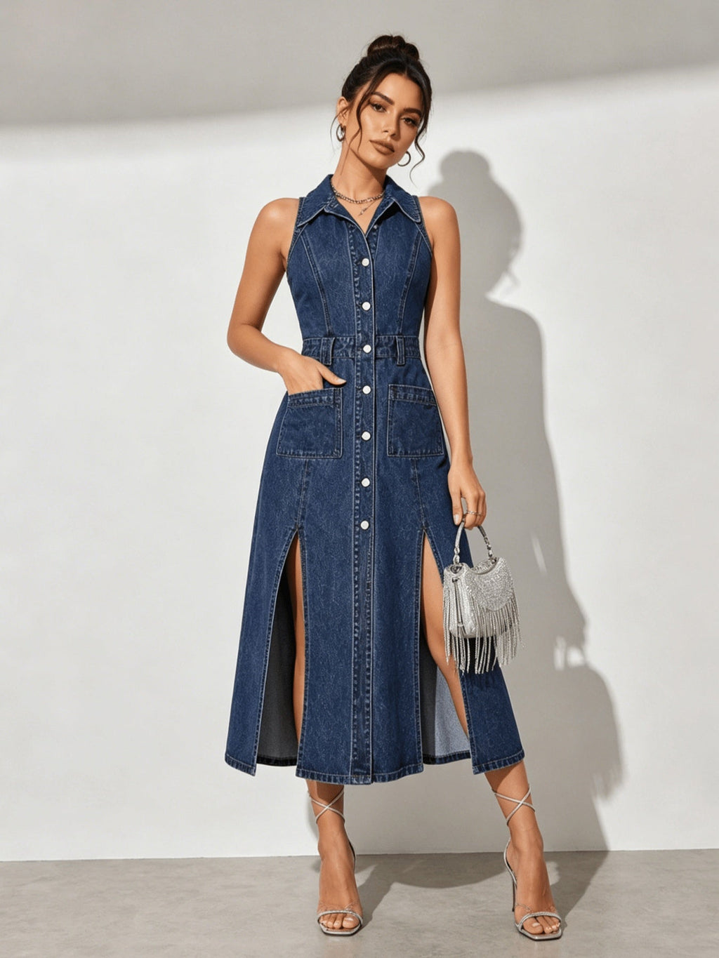 Women's Retro Washed Denim Midi Dress – Sleeveless Collared Button-Front with Slits & Pockets