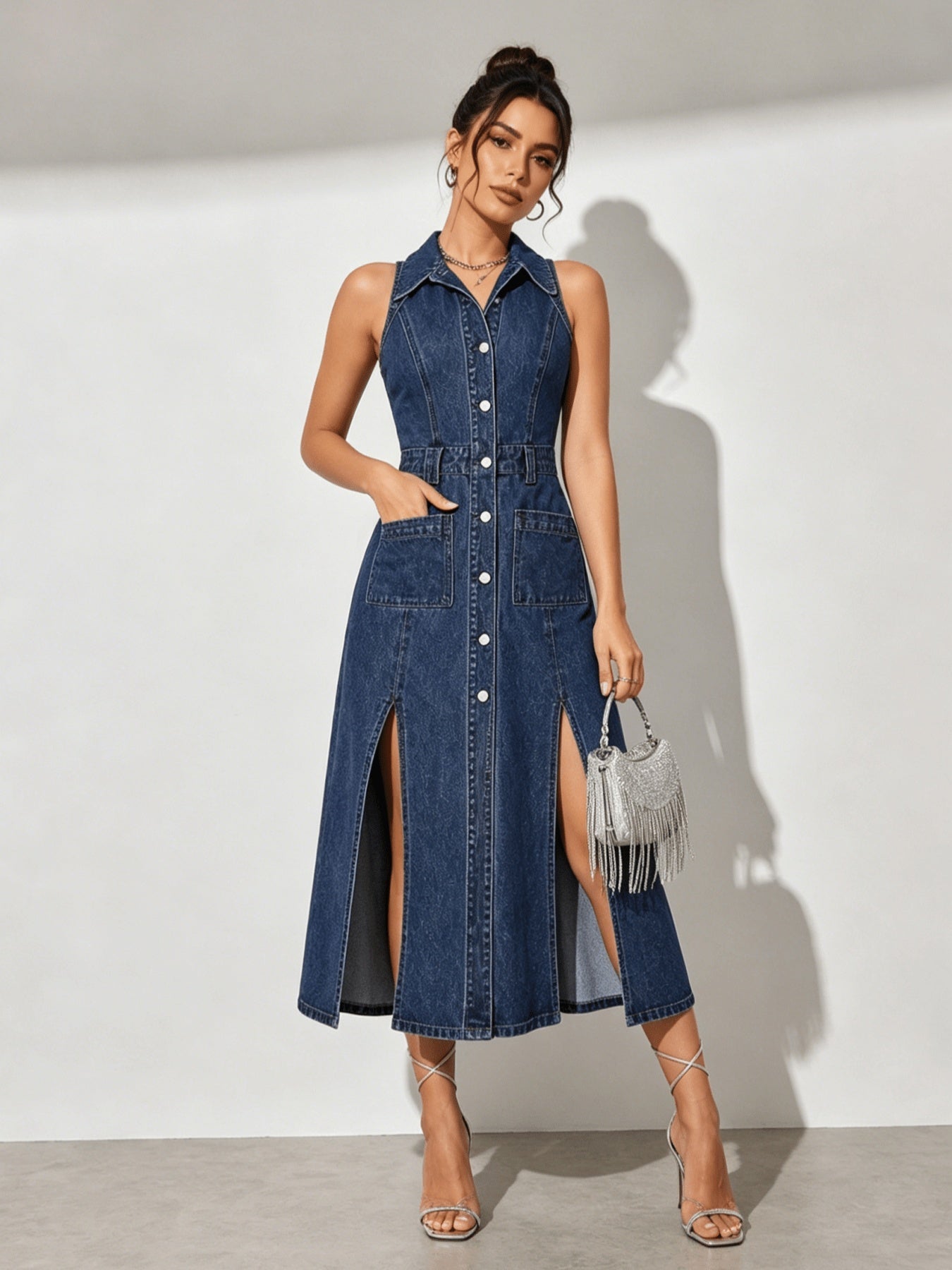 Women's Retro Washed Denim Midi Dress – Sleeveless Collared Button-Front with Slits & Pockets