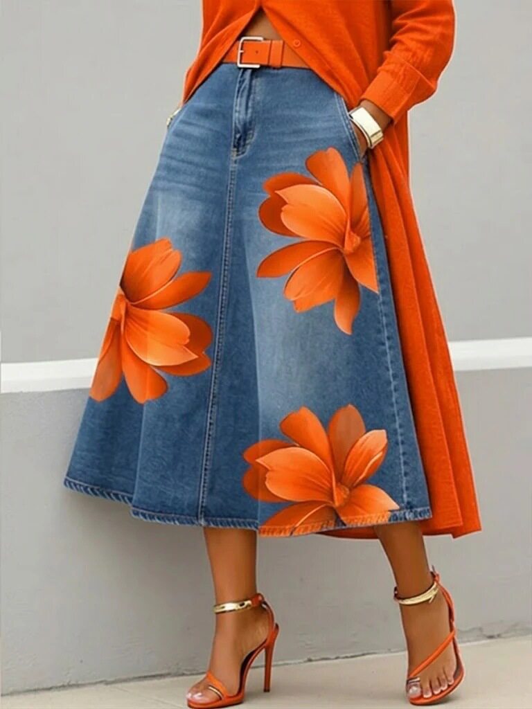 Women's Floral Print A-Line Midi Skirt – Denim-Style Boho Skirt