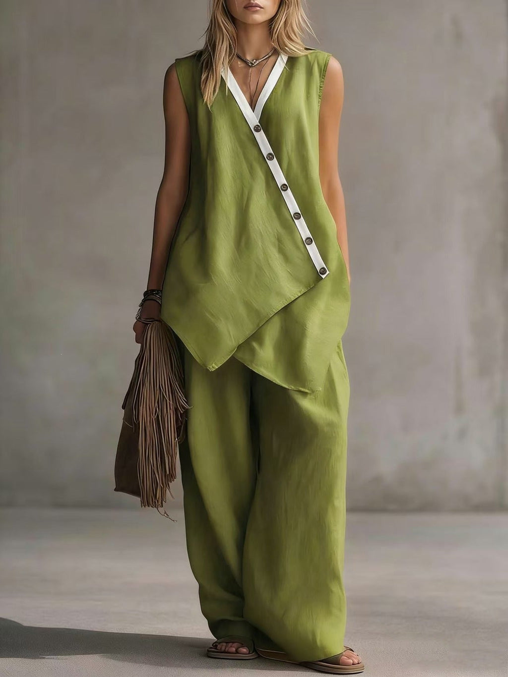 Women's Boho V-Neck Button Vest & Wide-Leg Pants Set