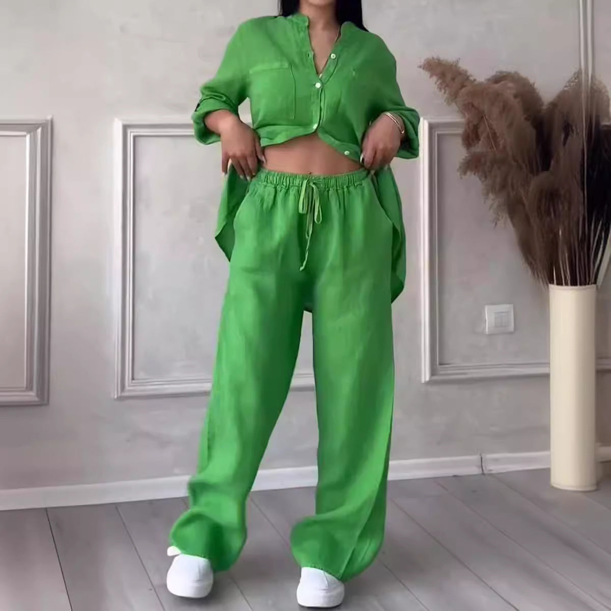 Wide-Leg Pants & Lace-Up Top Two-Piece Set – Solid Color, 12 Colors S–5XL