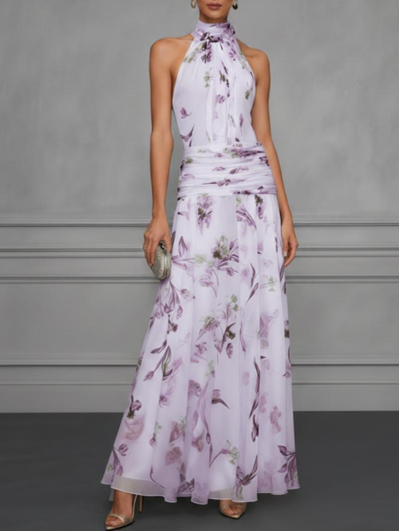 Halter Neck Printed Maxi Dress – Fitted Sleeveless Long Dress