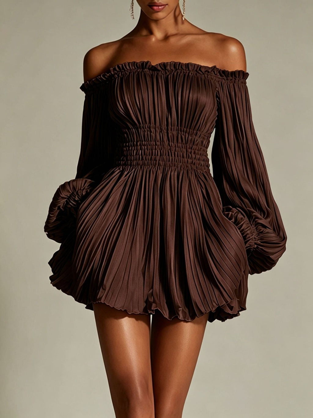 Women's Off-Shoulder Pleated Mini Dress – Smocked Waist & Puff Sleeves