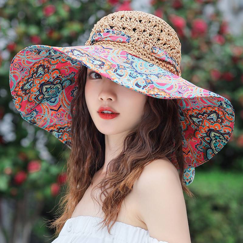 Women's Patterned Straw Beach Sun Hat – Round Crown UV Protection Summer Hat