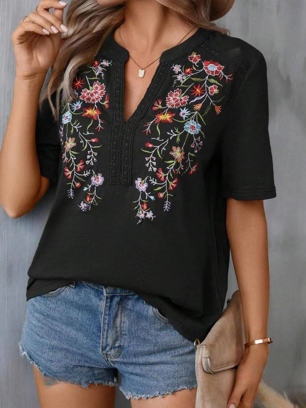 Women's Floral Embroidered Notched V-Neck T-Shirt – Short Sleeve Boho Lace Trim Top