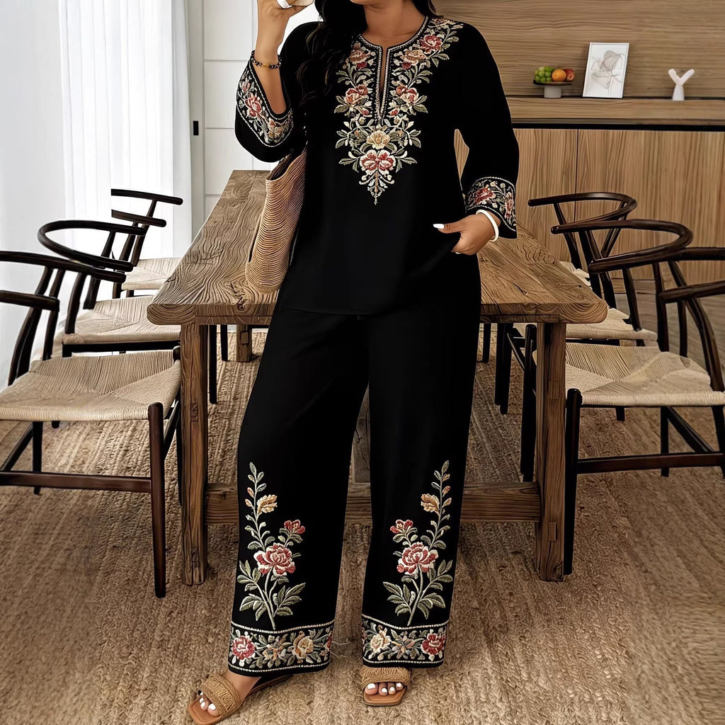Women’s Ethnic Two Piece Set with Long Sleeve Shirt and Cropped Pants