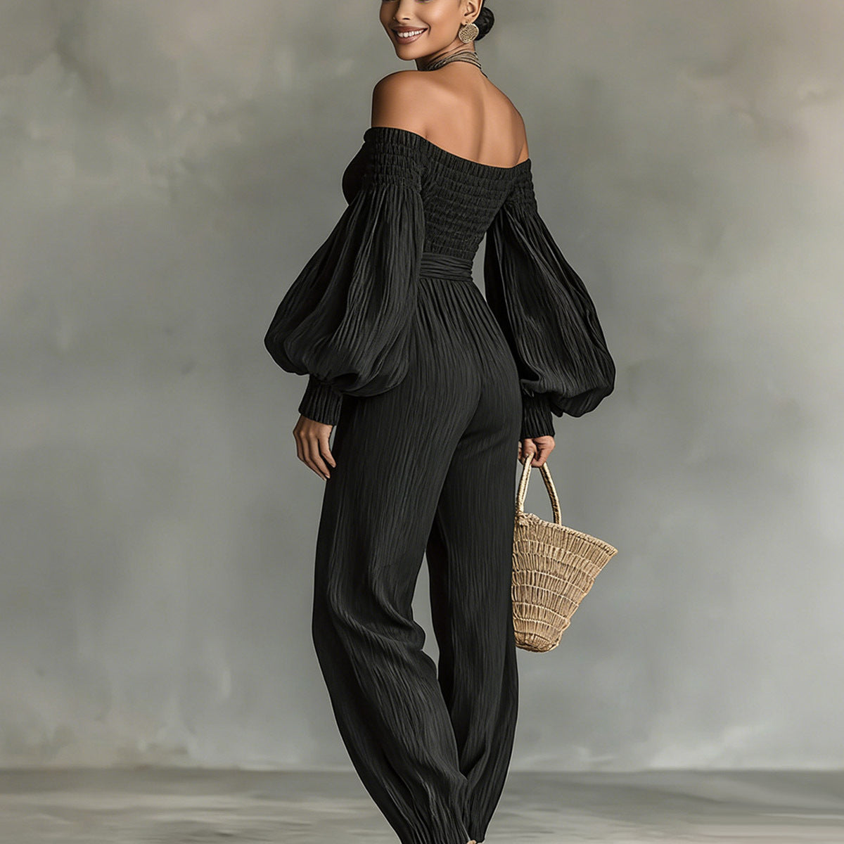 Women's Off-Shoulder Lantern Sleeve Pleated Loose Jumpsuit