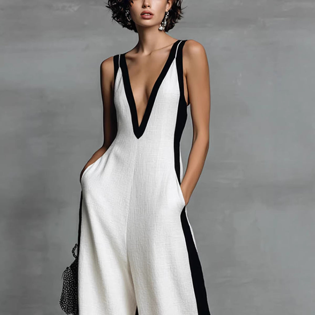 Women's Color-Block Sleeveless V-Neck Wide-Leg Jumpsuit – French Style Long Pants