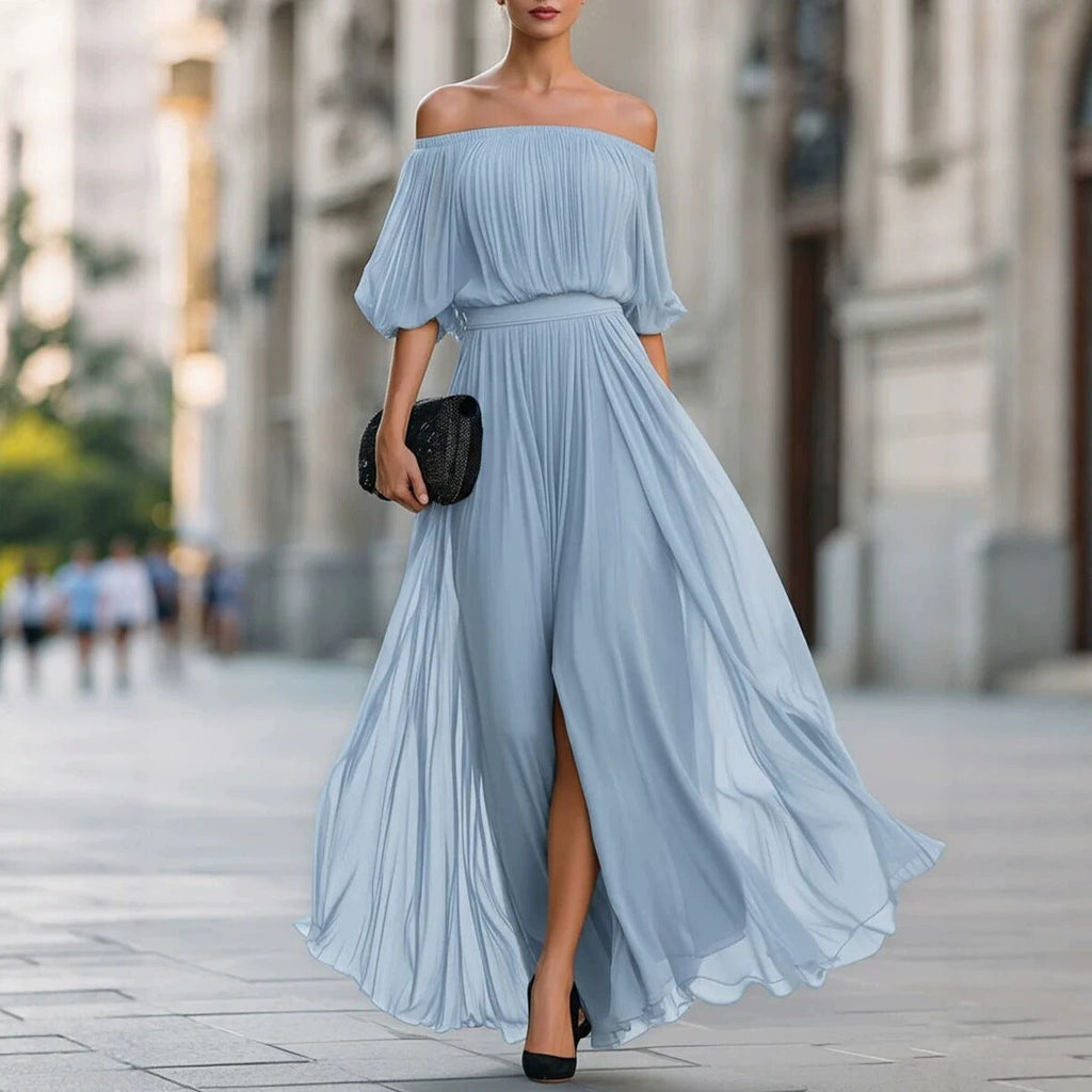 Women's One-Shoulder Ruffle Sleeve Chiffon Maxi Dress | Side Split High Waist Dress in 3 Colors