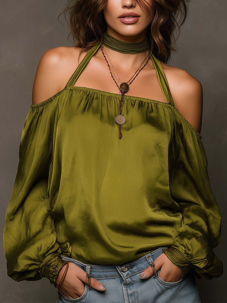 Women's Halter Neck Satin Blouse | Shoulder-Baring Long Sleeve Top in 5 Colors