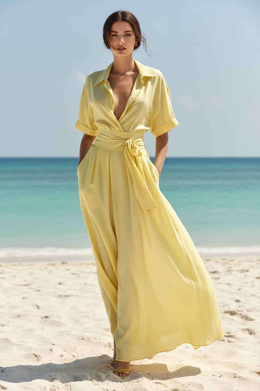 Women's Solid Color Waist-Slimming Maxi Dress — Flip Collar