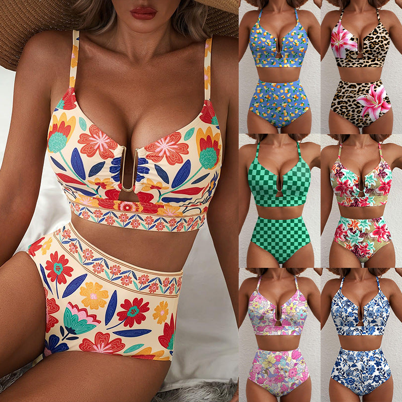 Women's Floral Print High-Waist U-Wire Bikini Set