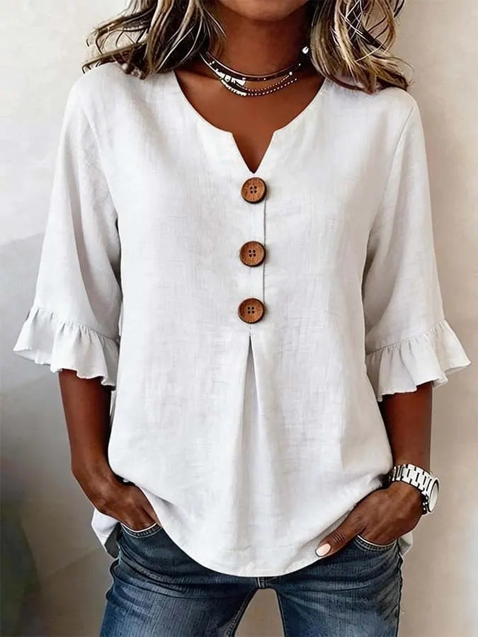 Women's Cotton Linen V-Neck Button-Up Blouse — Summer Casual Top