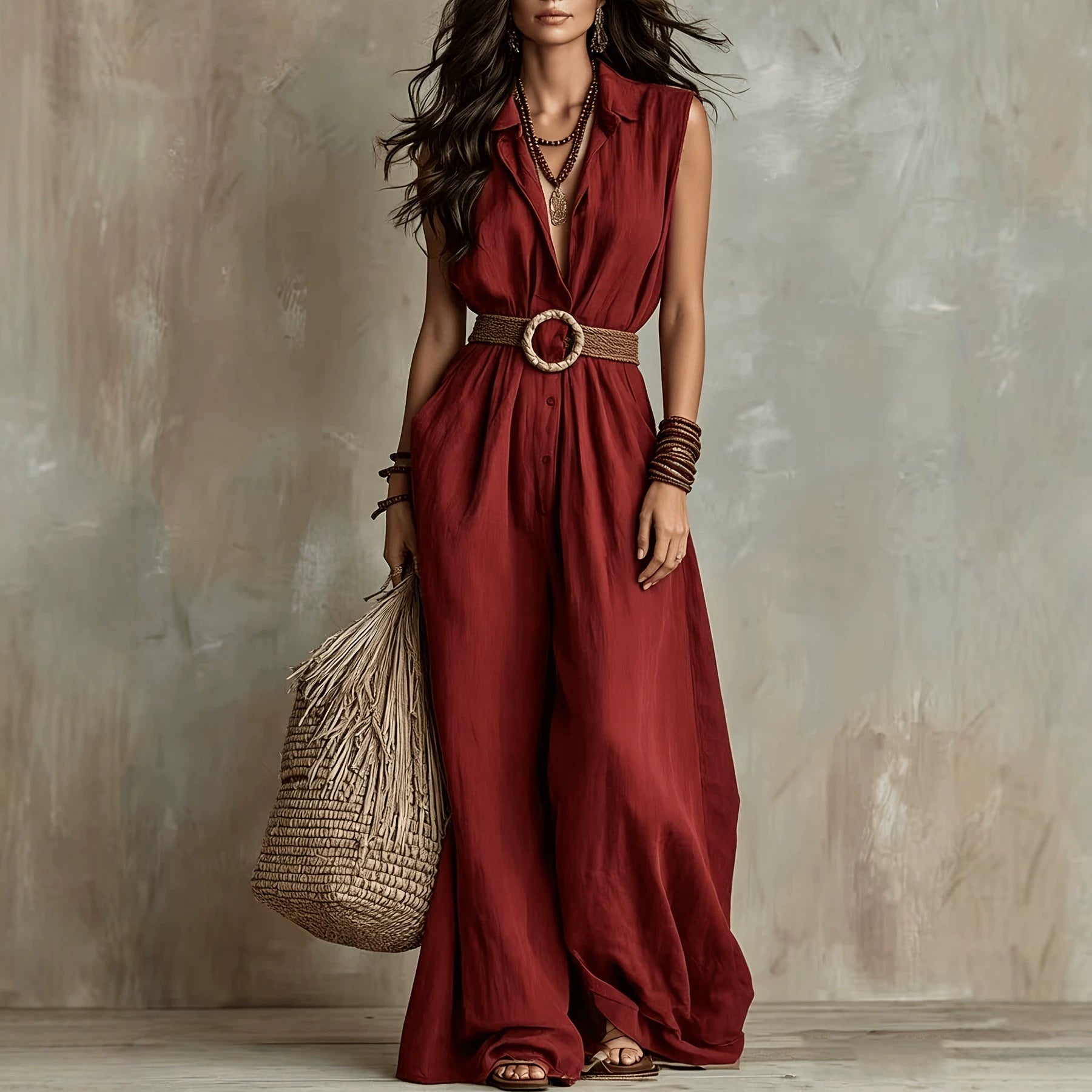 Red Sleeveless Loose Fit Maxi Jumpsuit – Solid Color Long Casual Jumpsuit