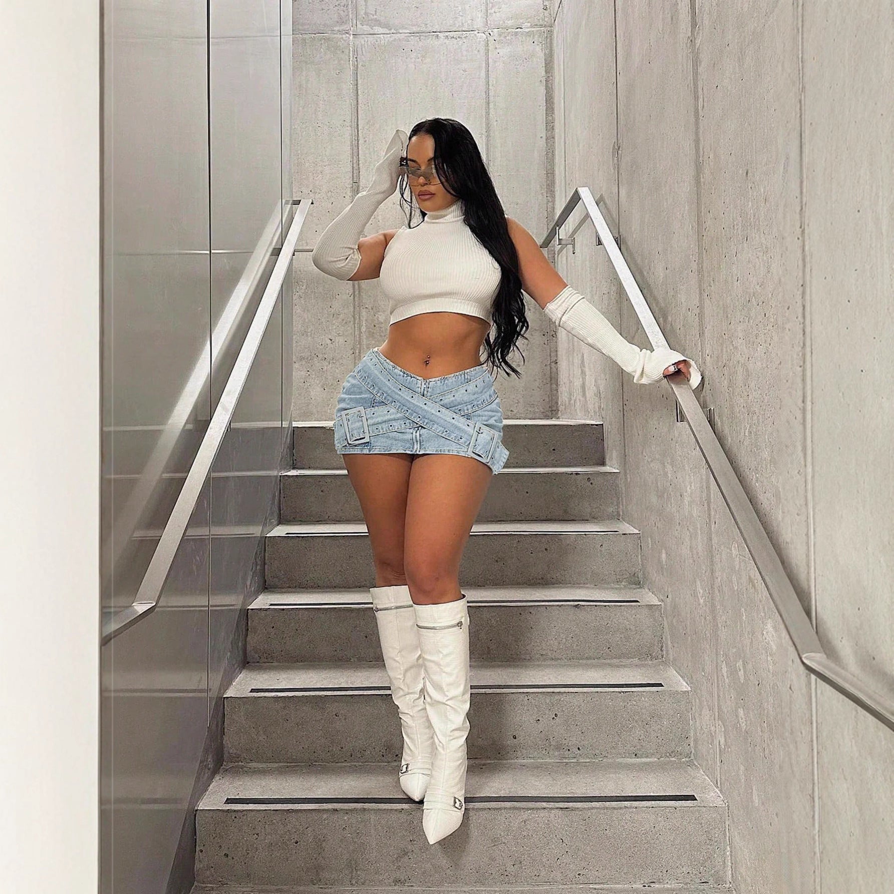 Women's Light Blue Denim Mini Skirt – Bodycon Cross-Over Buckle Design