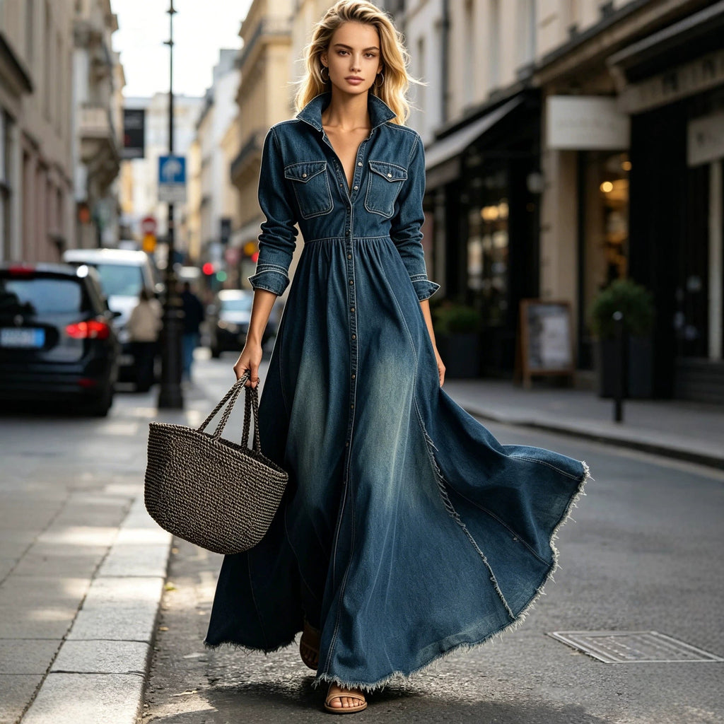 Women's Denim Maxi Shirt Dress – Cinched Waist & Flared Raw Hem Skirt