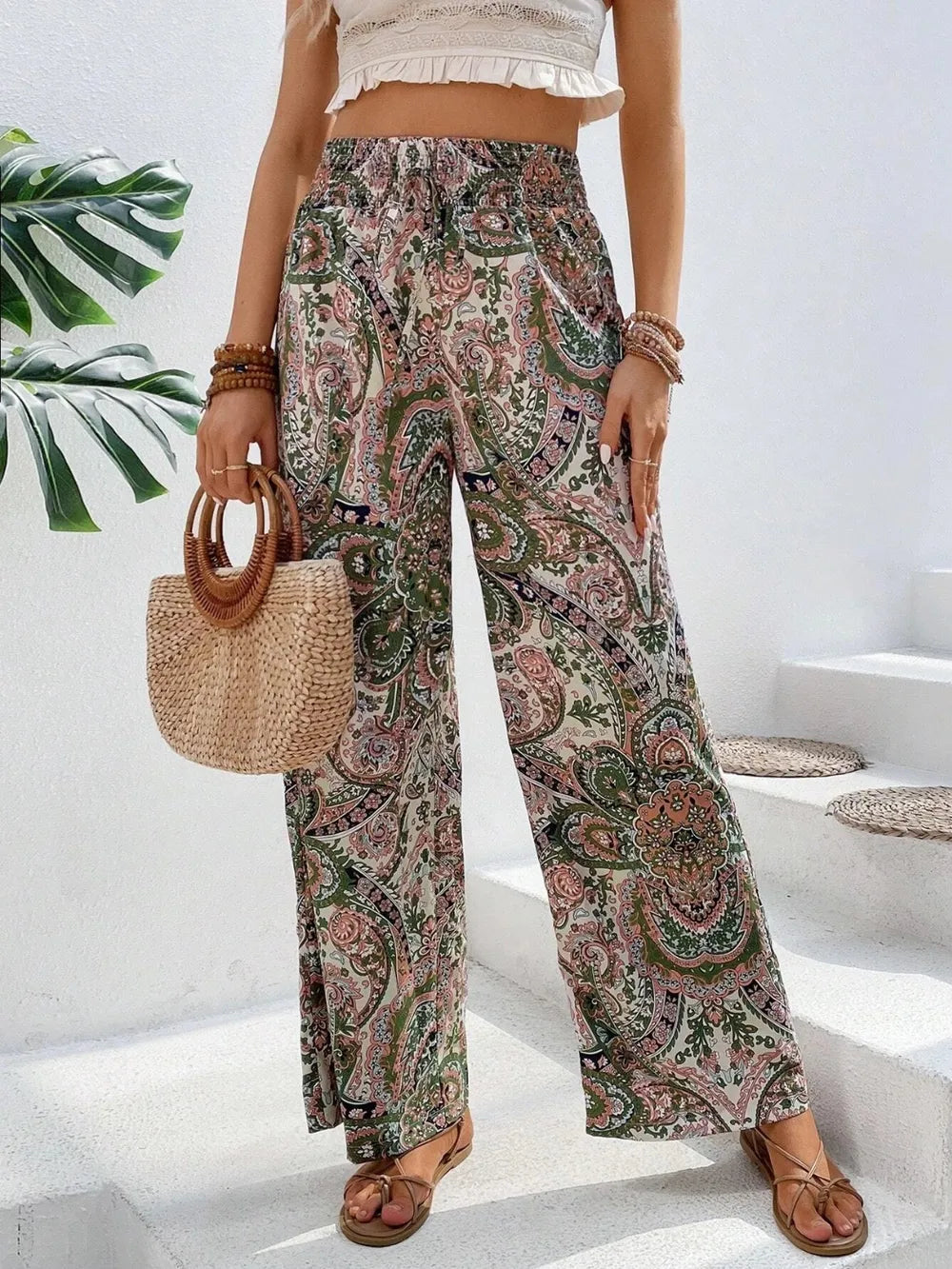 Women's Paisley Print Wide-Leg Pants – Boho Smocked Elastic Waist Tie-Up Flowy Trousers