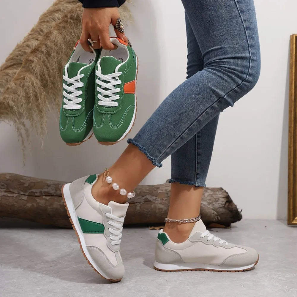 PU Leather Contrast Round Toe Flat Sneakers – Lace-Up Casual
