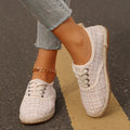 Tweed Lace-Up Round Toe Flat Sneakers – Canvas PU Casual