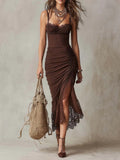 Women's Pleated Spaghetti Strap Lace Trim Maxi Dress | Elegant Street Style
