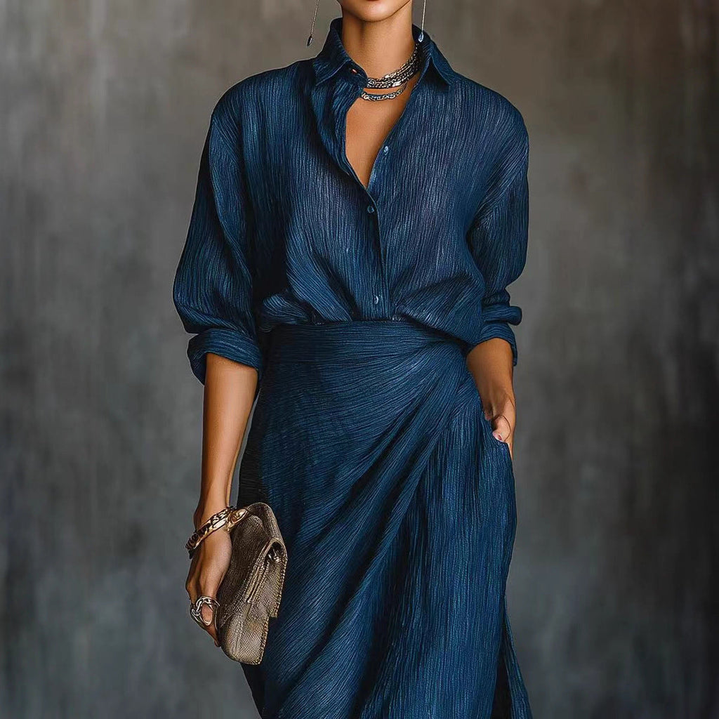 Women's Two-Piece Pleated Shirt & Draped Wrap Maxi Skirt Set – Long Sleeve Button Top