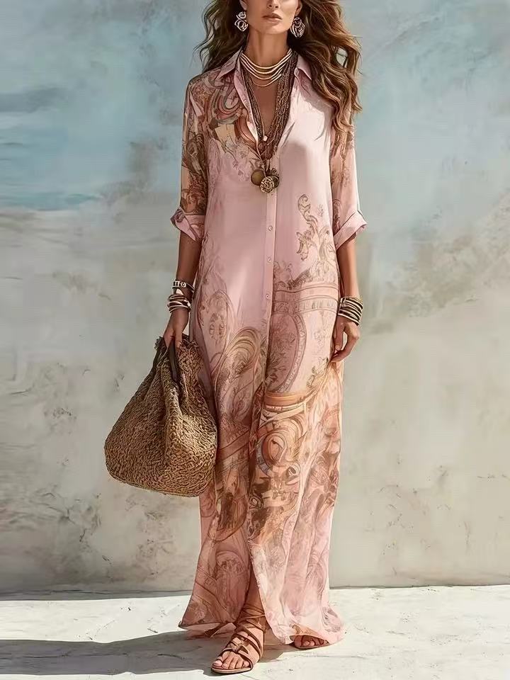 Chiffon Digital Print Vintage Flowy Midi Dress – Women's Button-Front Sundress