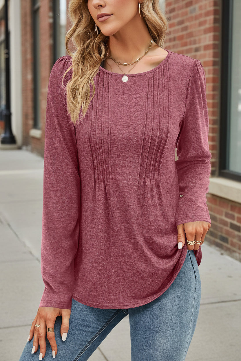 Women's Long Sleeve Crew Neck Blouse – Pintuck Pleat Front