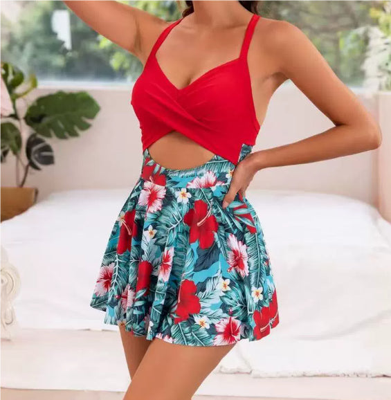 Women's Cutout Sling One-Piece Swimsuit – Built-In Chest Pad & Skirt Hem