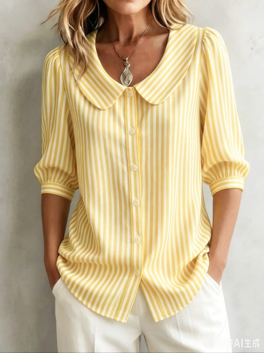 Striped V-Neck Top – Three-Quarter Sleeve Casual Shirt