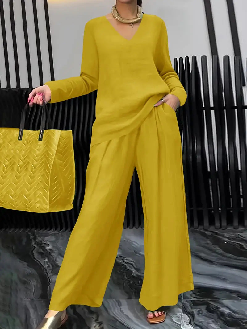 Solid Color Long Sleeve Top & Pants Two-Piece Travel Set