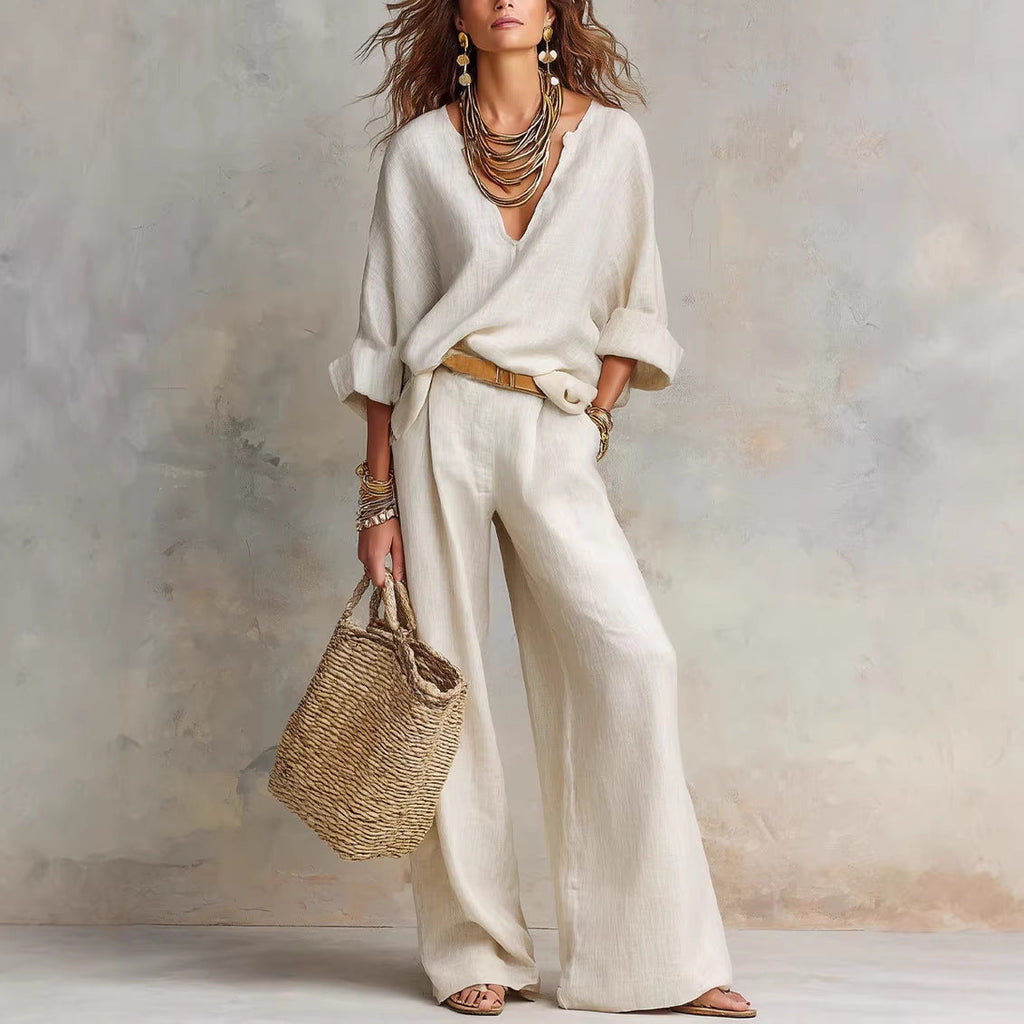 Women's Casual Linen Vacation Set – Three-Quarter Sleeve Top & Full-Length Pants