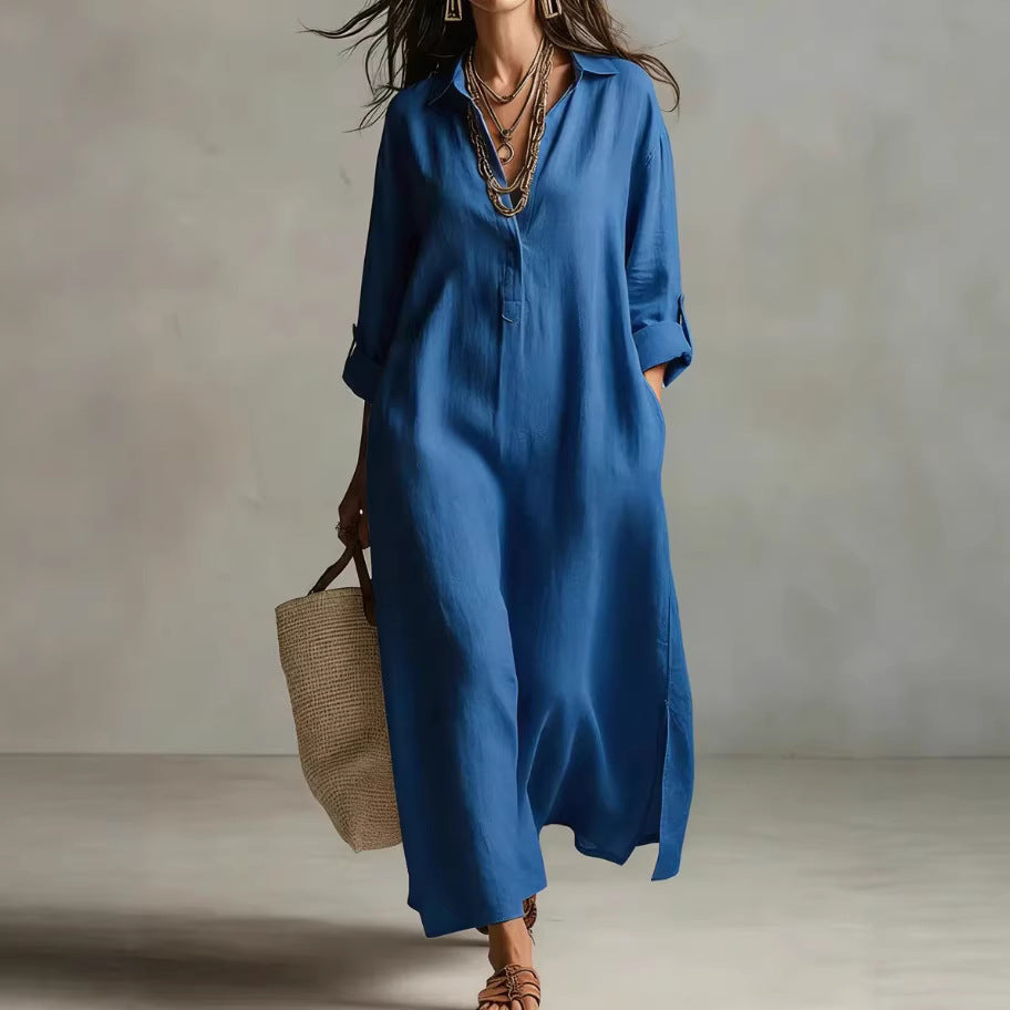 Women's Casual Long-Sleeve Linen Shirt Dress – Relaxed Fit