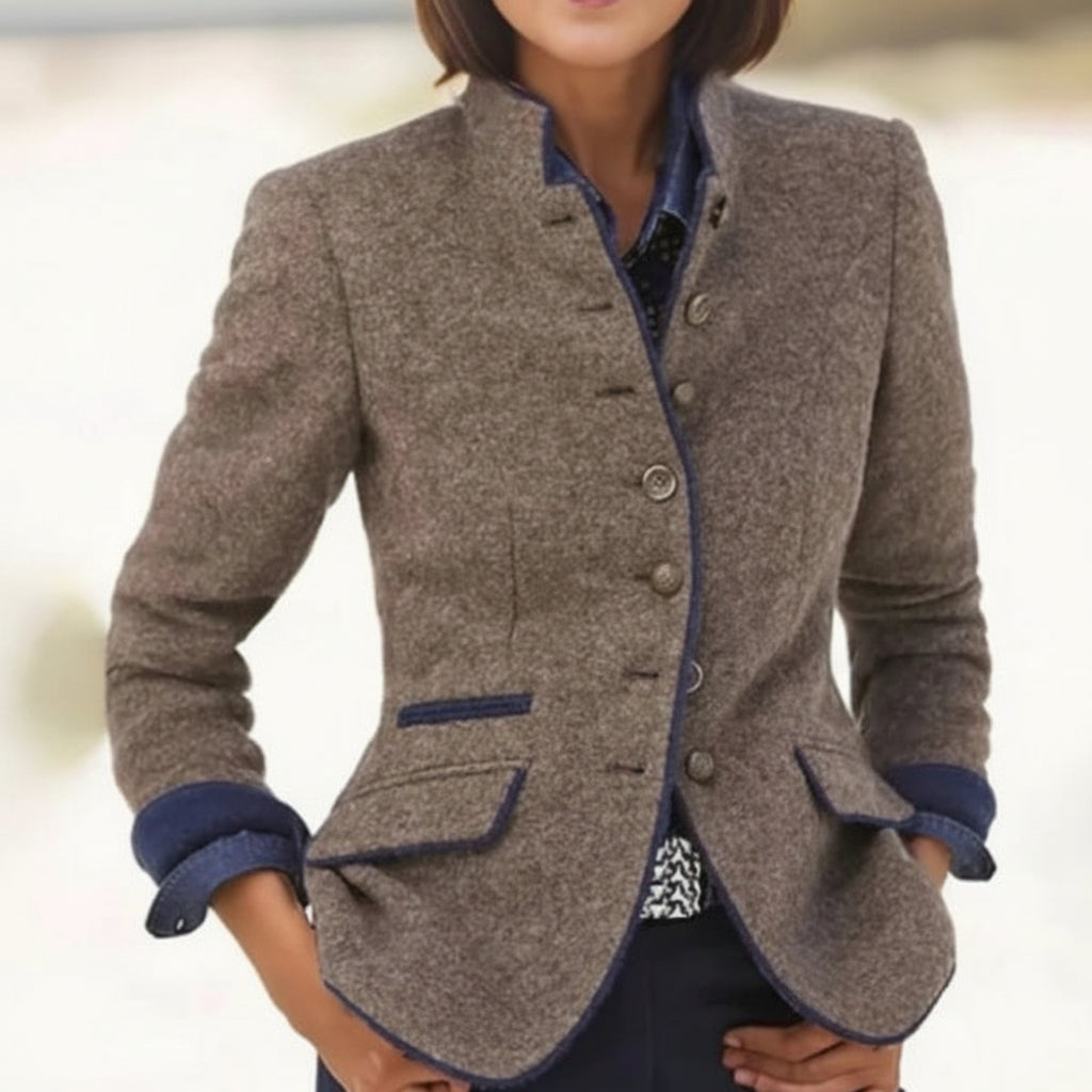 Women’s Color-Block Woolen Jacket – Multi-Button Casual Elegant Coat