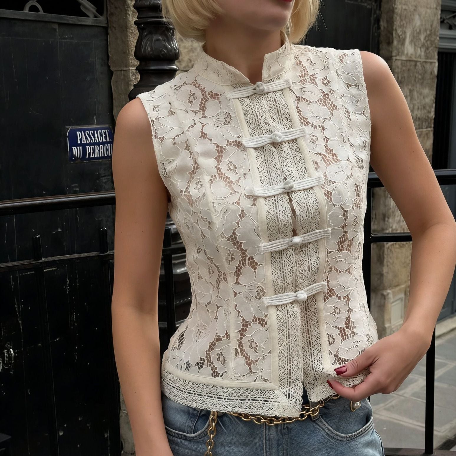 Lace Crochet Stand Collar Slim-Fit Sleeveless Top – 3 Colors, S–L