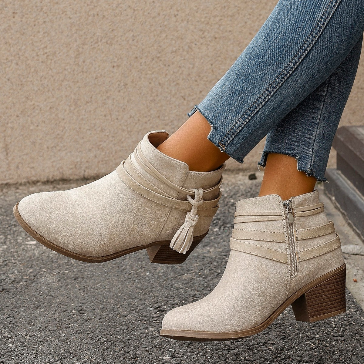 Women's Suede Chunky Heel Ankle Boots – Tassel Strap Side Zipper
