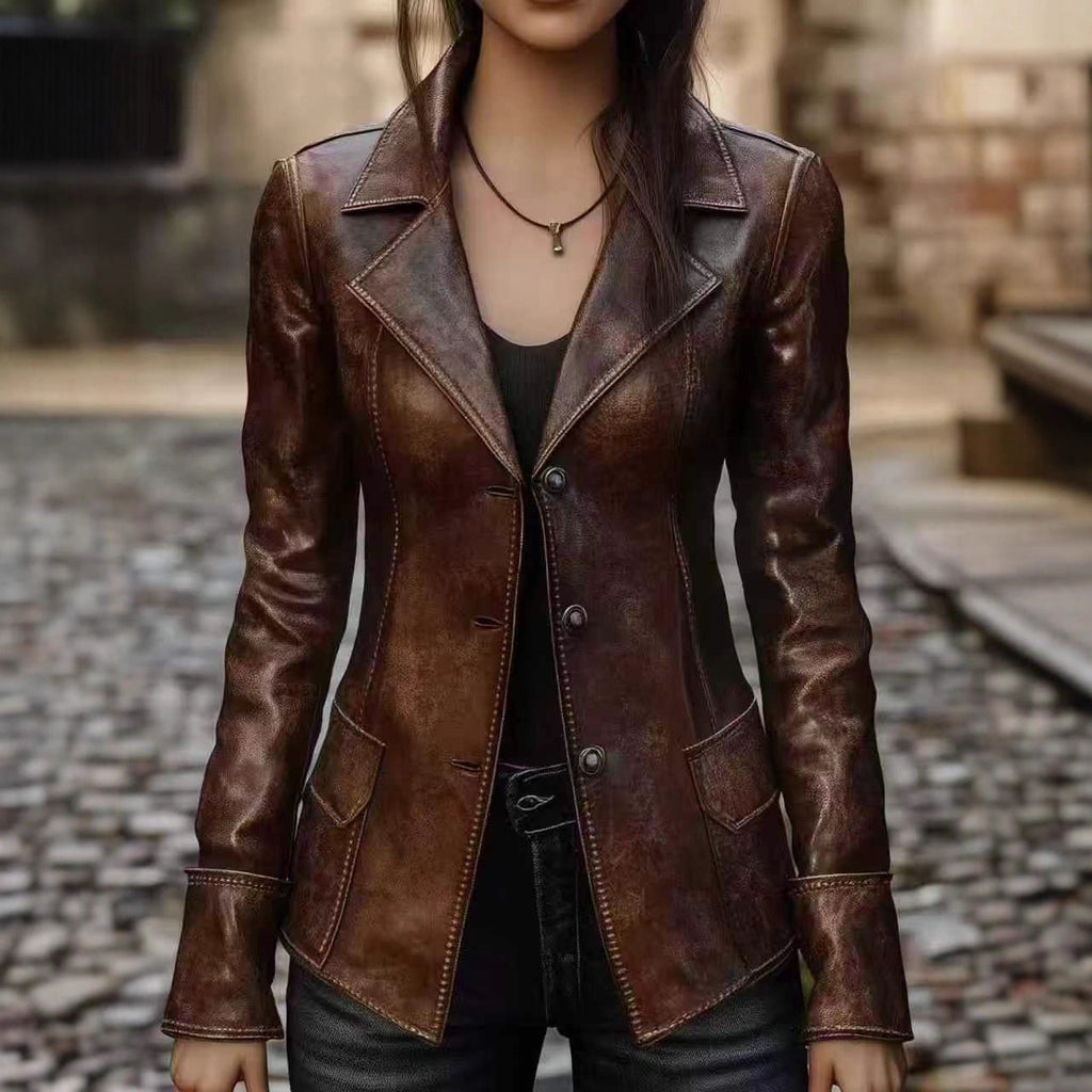 Women's Retro Slim-Fit Faux Leather Biker Jacket – Mid-Length