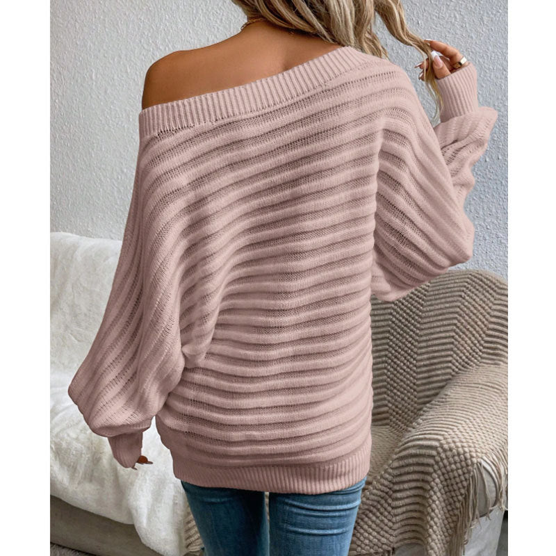 Off-Shoulder Batwing Sweater – Loose Knit Pull-Over for Fall