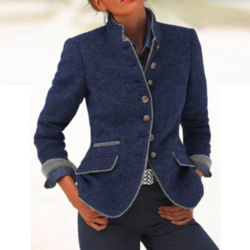 Women’s Color-Block Woolen Jacket – Multi-Button Casual Elegant Coat