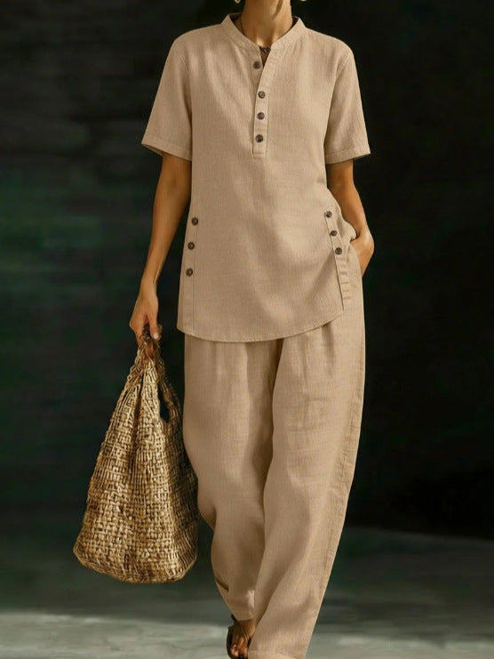 Three-Quarter Sleeve Shirt & Wide-Leg Pants Two-Piece Set – Solid Color Casual