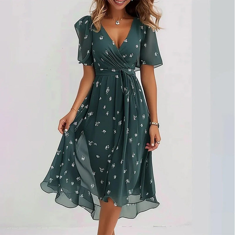 Floral Print A-Line Dress – V-Neck Short Sleeve Midi Dress