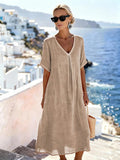 Patchwork Asymmetrical Maxi Dress – Relaxed V-Neck Style