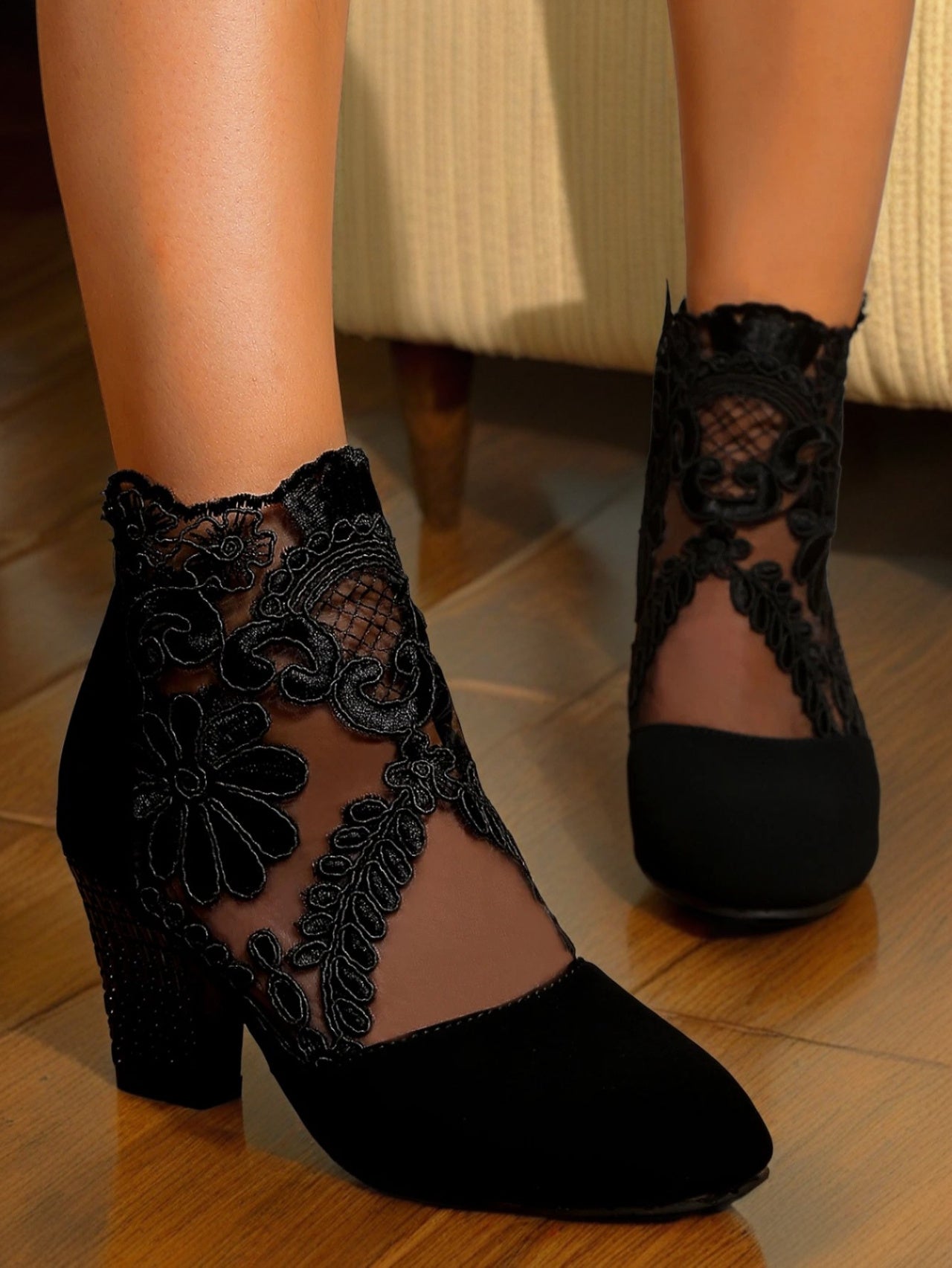 Lace-Embroidered Mesh Chunky-Heel Ankle Boots | Black & White EU 35–43