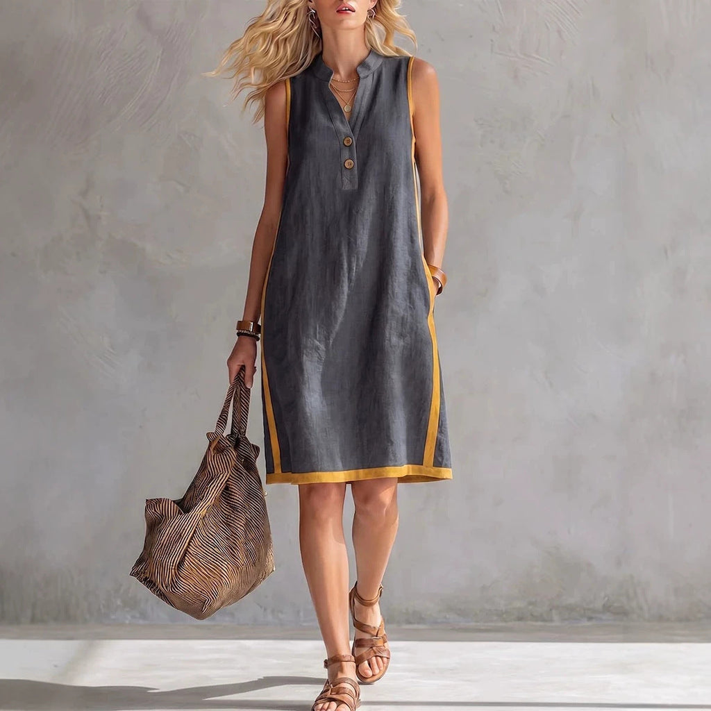 Women's Sleeveless V-Neck Button-Front Pocketed A-Line Midi Dress